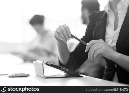 close-up of woman hands holding pen on business meeting