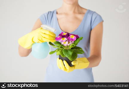 close up of woman holding pot with flower and spray bottle