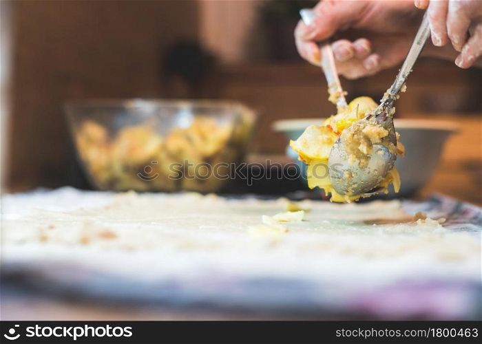 Close up of woman preparing traditional Austrian apple strudel in the kitchen