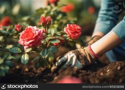 Close-up of woman's hands planting roses in the garden.