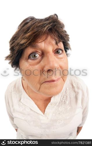 Close-up of woman standing over white background. Shot with fisheye lens.