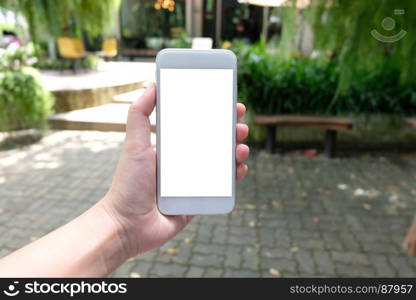 Close up of women's hands holding cell telephone blank copy space screen. smart phone with technology concept.