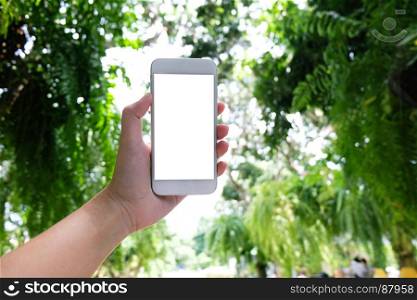 Close up of women's hands holding cell telephone blank copy space screen. smart phone with technology concept.