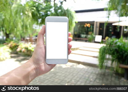 Close up of women's hands holding cell telephone blank copy space screen. smart phone with technology concept