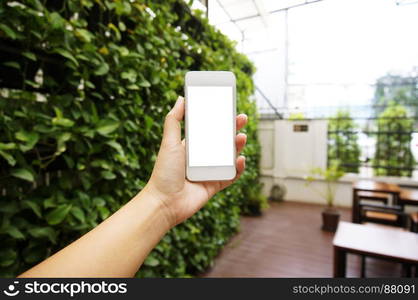 Close up of women's hands holding cell telephone blank copy space screen. smart phone with technology concept.