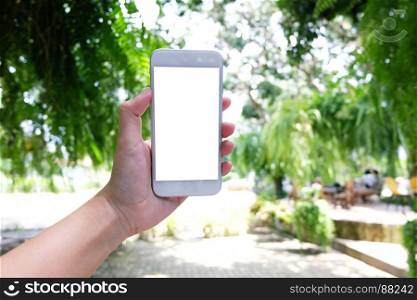 Close up of women's hands holding cell telephone blank copy space screen. smart phone with technology concept