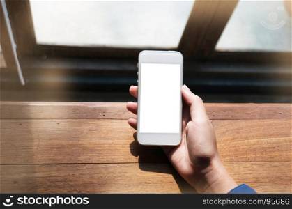 Close up of women's hands holding cell telephone blank copy space screen. smart phone with technology concept