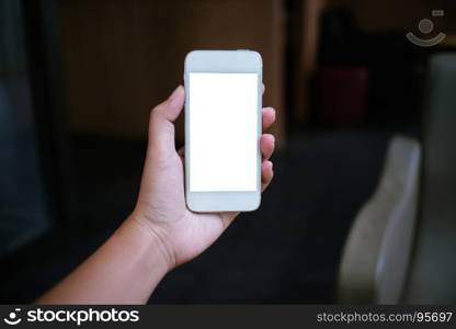 Close up of women's hands holding cell telephone blank copy space screen. smart phone with technology concept.