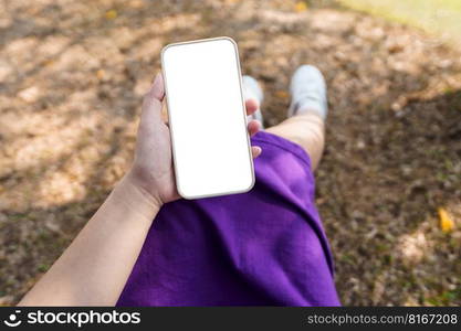 Close up of women’s hands holding cell telephone blank copy space screen. smart phone with technology