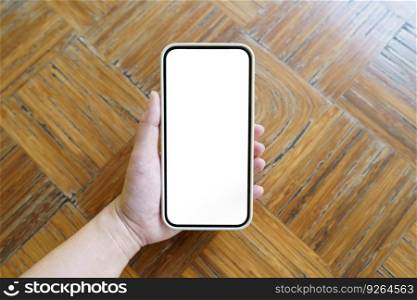 Close up of women’s hands holding cell telephone blank copy space screen. smart phone with technology concept.