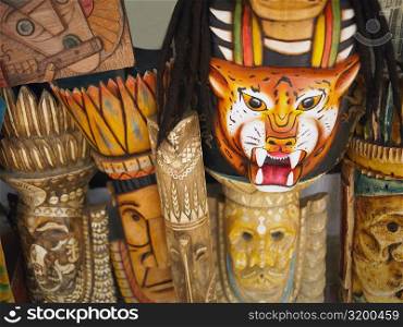 Close-up of wooden masks at a market stall, San Andres, Providencia y Santa Catalina, San Andres y Providencia Department, Colombia