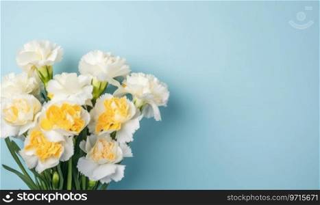 Close-up of yellow and white carnations, representing love and fascination, beautifully juxtaposed with a serene blue background. AI Generative. Close-up of yellow and white carnations, representing love and fascination, beautifully juxtaposed. AI Generative