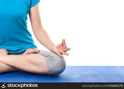 Close up of yoga Padmasana (Lotus pose) cross legged position for meditation with Chin Mudra - psychic gesture of consciousness