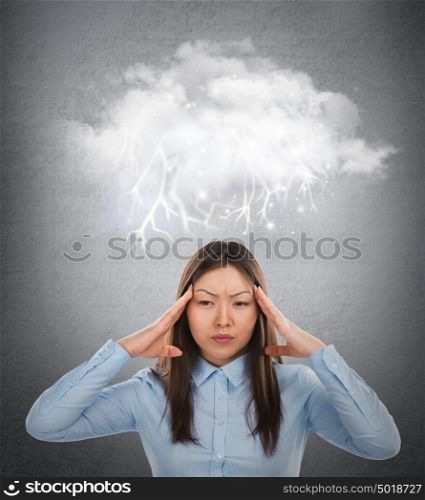 Close up of young woman has headache. Thought bubble above her head with copy space