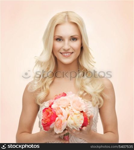 close up of young woman with bouquet of flowers