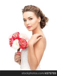 close up of young woman with bouquet of flowers.. woman with bouquet of flowers