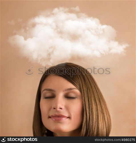 Close up of young woman with closed eyes and thought bubble above her head with copy space