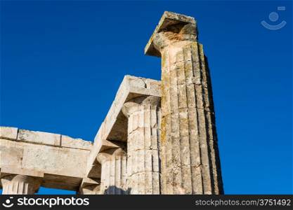 Close-up of Zeus temple pillars in the ancient Nemea, Greece
