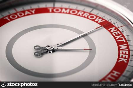 Close up on a conceptual clock with the text today, tomorrow and next week. Procrastination concept. 3D illustration.. Procrastination concept. To postpone a date.