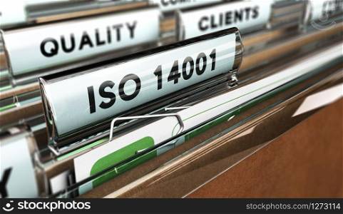 Close up on a file tab with the word ISO 14001, focus on the main text and blur effect. Concept image for illustration of Quality Standards. Quality Standards, ISO 14001.