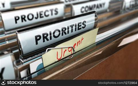 Close up on a file tab with the word Priorities with blur effect. Concept image for illustration of setting priorities in projects.. Set Priorities