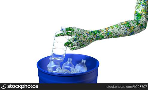 Close up on a green man?s arm covered by green, blue and yellow circles with the recycling symbol by placing a plastic bottle in a blue dump. 3D Illustration. Green man?s arm covered by green, blue and yellow circles with the recycling symbol by placing a plastic bottle in a blue dump. 3D Illustration