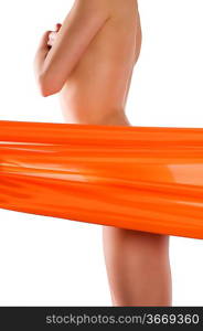 close up on a naked woman body behind a transparent orange colored material beauty wellness concept