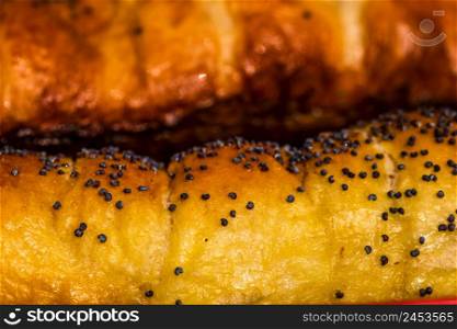 Close up on details of sausages baked in dough sprinkled with salt and poppy seeds. Sausages rolls, delicious homemade pastries.