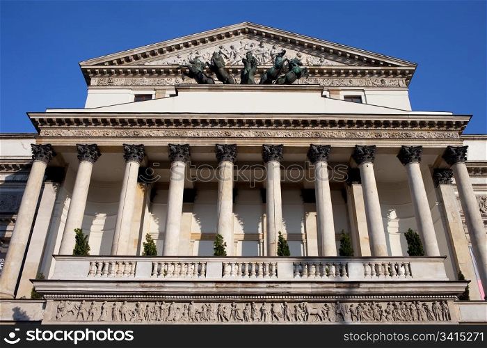 Close-up on front of The Grand Theatre - National Opera architectural details in Warsaw, Poland