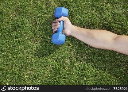 Close Up on Hand Holding Blue Dumbbell in Grass