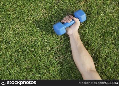 Close Up on Hand Holding Blue Dumbbell in Grass