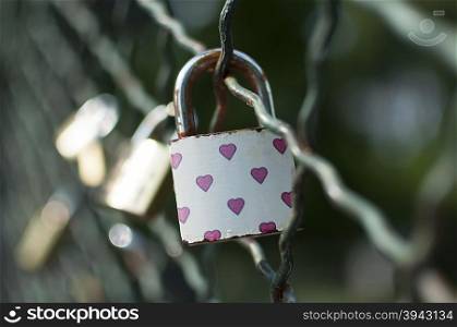 Close-up on lockers symbolizing everlasting love on a bridge fence
