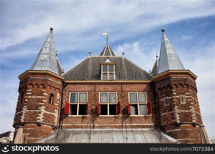 Close-up on the 15th century Waag (St Antoniespoort, Saint Anthony&rsquo;s Gate) gatehouse in Amsterdam, Netherlands.