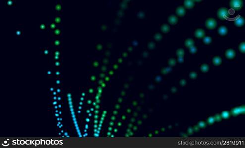 Close up on the ends of many illuminated fiber optic strands on blur background.