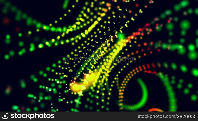 Close up on the ends of many illuminated fiber optic strands on blur background.