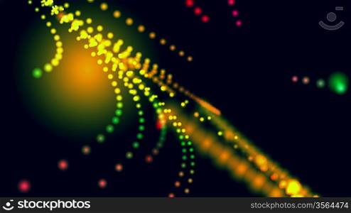 Close up on the ends of many illuminated fiber optic strands on blur background.