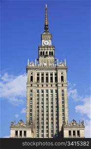 Close-up on the Palace of Culture and Science - famous landmark in the city center of Warsaw, Poland