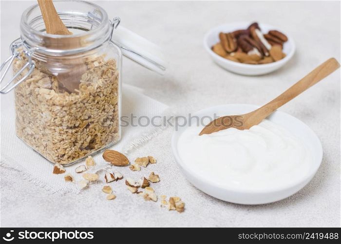 close up organic yogurt bowl with oats