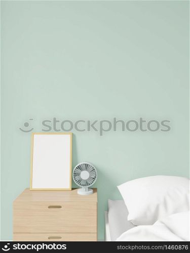 close up pastel green minimal japanese modern bedroom with sideboard and fan, mock up, copy space , 3d rendering