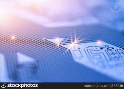 Close up PCB circuit board digital technology communication data system