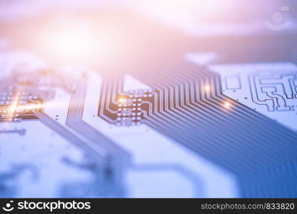Close up PCB circuit board digital technology communication data system