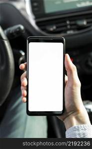 close up person showing mobile phone car