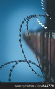 Close up perspective of barbed wire in the prison or on a military base