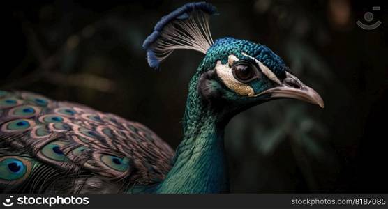 Close up photo of Peacock bird on forest background. Generative AI.. Close up photo of Peacock bird on forest background. Generative AI