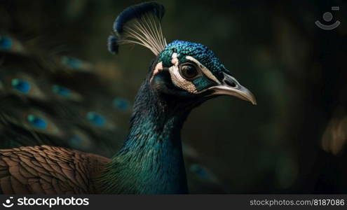 Close up photo of Peacock bird on forest background. Generative AI.. Close up photo of Peacock bird on forest background. Generative AI