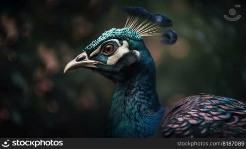 Close up photo of Peacock bird on forest background. Generative AI.. Close up photo of Peacock bird on forest background. Generative AI