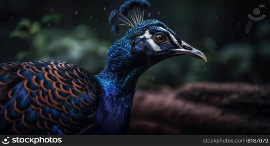 Close up photo of Peafowl bird on forest background. Generative AI.. Close up photo of Peafowl bird on forest background. Generative AI