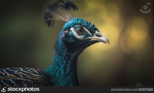Close up photo of Peafowl bird on forest background. Generative AI.. Close up photo of Peafowl bird on forest background. Generative AI