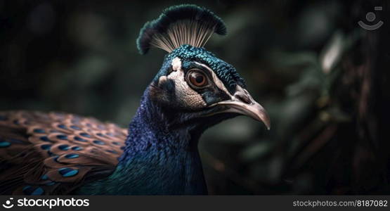 Close up photo of Peafowl bird on forest background. Generative AI.. Close up photo of Peafowl bird on forest background. Generative AI