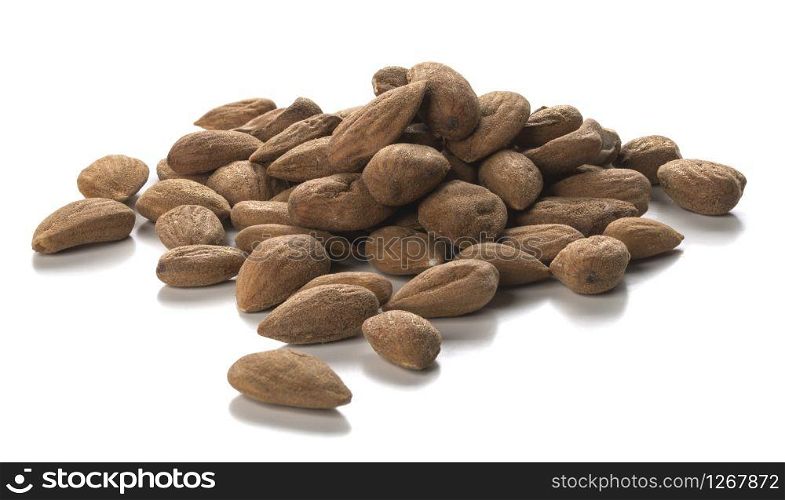 Close up photography of raw almonds heap over white background. Packshot style . Raw Almonds Over White Background. Packshot Style